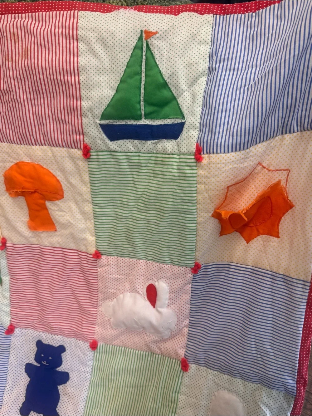 Children's Patchwork Appliqué Quilt - Red Trim, Multicolor Squares